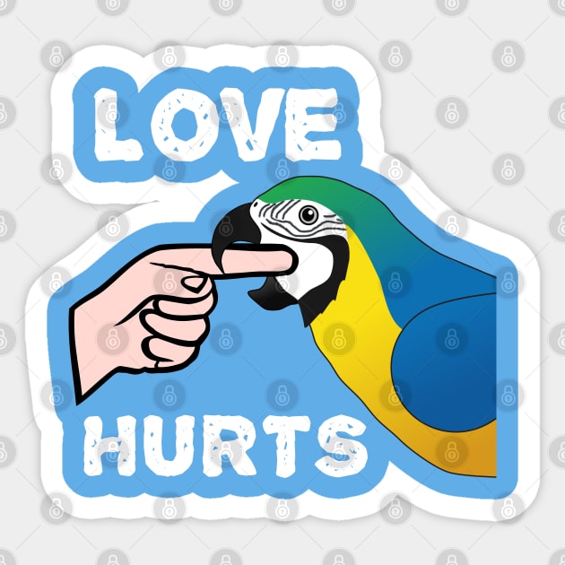Love Hurts Blue and Gold Macaw Parrot biting Sticker by Einstein Parrot